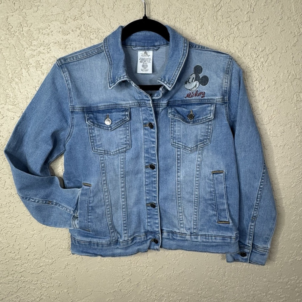Disney Parks Unisex Mickey Mouse Denim Jean Jacket US 9/10 Blue Distressed Print